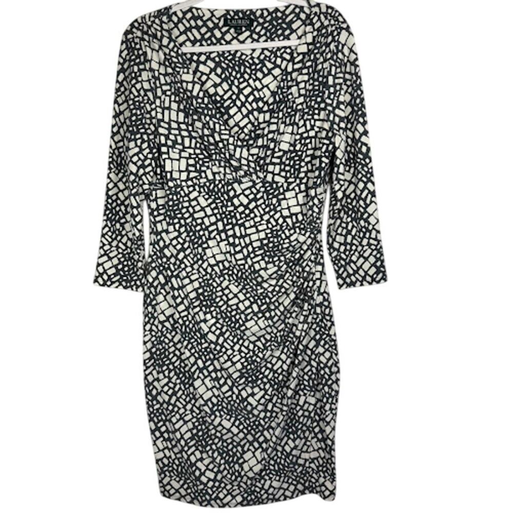 Lauren Ralph Lauren Sheath‎ Faux Wrap Midi Dress Sz 12 Gray White NWOT $134 MSRP